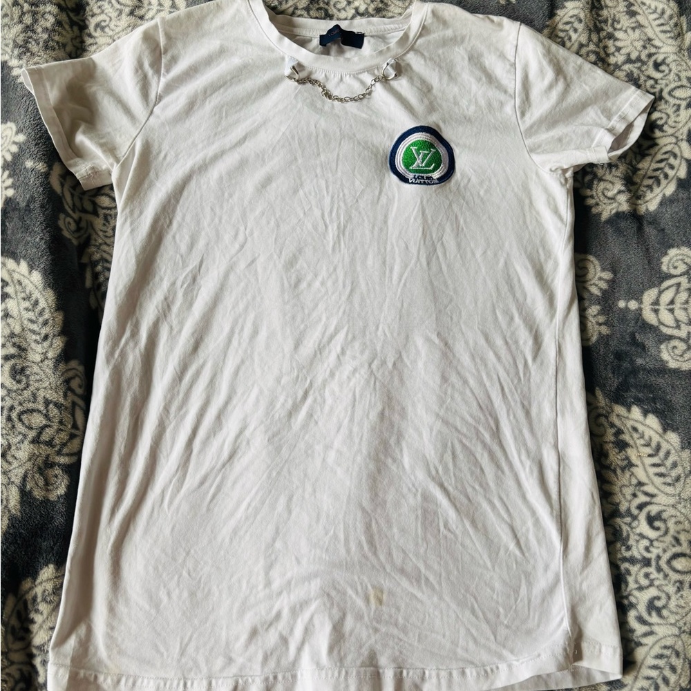 Louis Vuitton White Tee with Green and Blue Logo